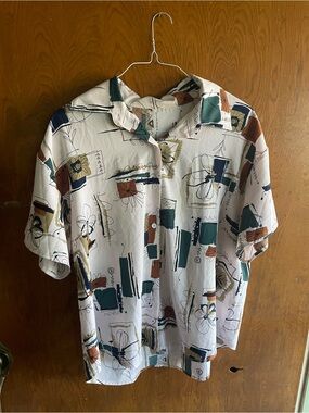 White Button-Down Shirt with Teal & Rust Abstract Print